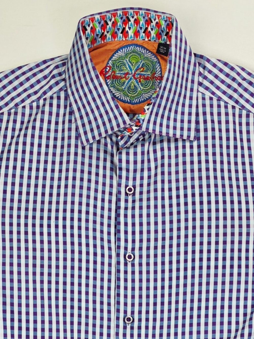 Robert Graham Plum White Check Embroidered Logos Mens Size Medium Spread Collar